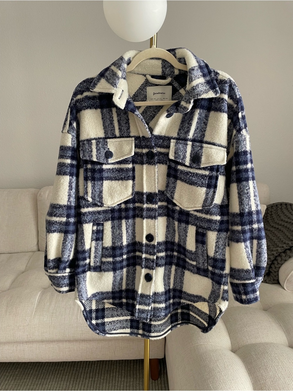 Stradivarius Brushed Overshirt Shacket Navy Blue White Plaid
